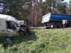 Uszkodzone pojazdy na miejscu wypadku drogowego niedaleko miejscowości Dziadkowo w gminie Cieszków