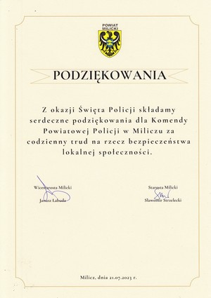 Okolicznościowy list Starosty Milickiego z okazji Święta Policji