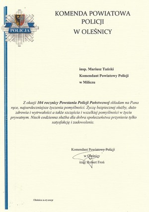 Okolicznościowy list Komendanta Powiatowego Policji w Oleśnicy z okazji Święta Policji