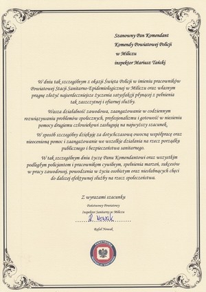 Okolicznościowy list Państwowego Powiatowego Inspektora Sanitarnego w Miliczu z okazji Święta Policji