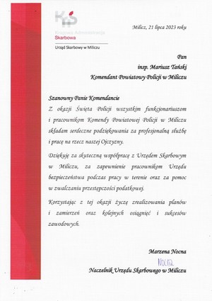 Okolicznościowy list Naczelnika Urzędu Skarbowego w Miliczu z okazji Święta Policji