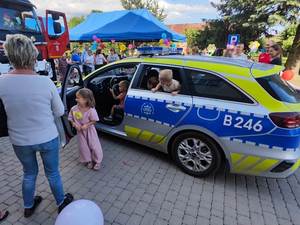 Dzielnicowi na festynie w Cieszkowie - dzieci w trakcie oglądania policyjnego radiowozu