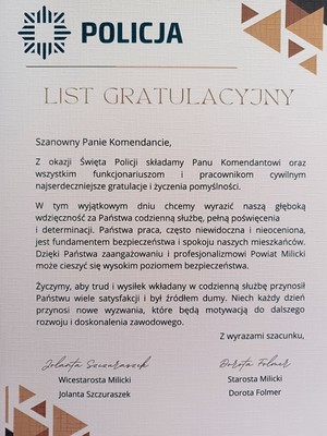 List gratulacyjny przekazany z okazji Święta Policji w Miliczu