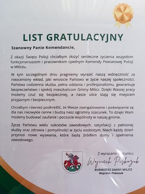 List gratulacyjny przekazany z okazji Święta Policji w Miliczu