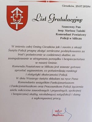 List gratulacyjny przekazany z okazji Święta Policji w Miliczu