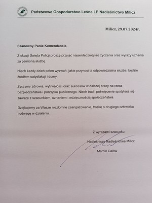 List gratulacyjny przekazany z okazji Święta Policji w Miliczu