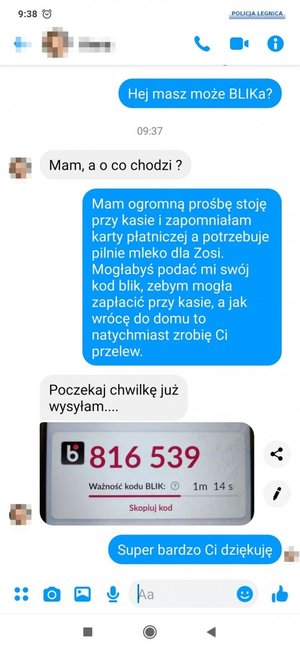 Poglądowe smsy dotyczące oszustw na blika