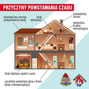 Ikonografika przedstawiająca zasady zabójczego działania czadu