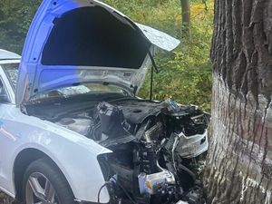 Uszkodzone Audi z po uderzeniu w drzewo