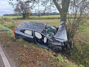 Miejsce zdarzenia drogowego - osobowe Volvo po uderzeniu w przydrożne drzewo