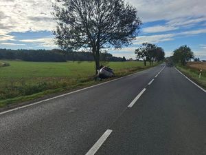 Miejsce zdarzenia drogowego - osobowe Volvo po uderzeniu w przydrożne drzewo
