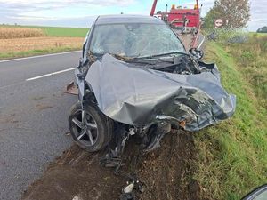 Miejsce zdarzenia drogowego - osobowe Volvo po uderzeniu w przydrożne drzewo