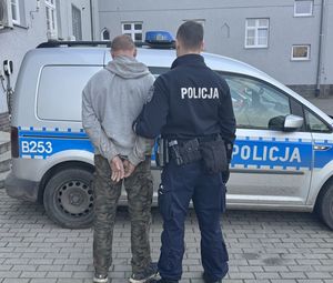 zatrzymany mężczyzna na tle radiowozu