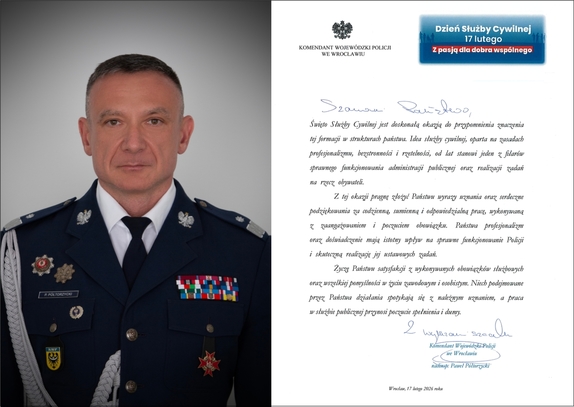 List z życzeniami Komendanta Wojewódzkiego Policji z okazji Dnia Służby Cywilnej