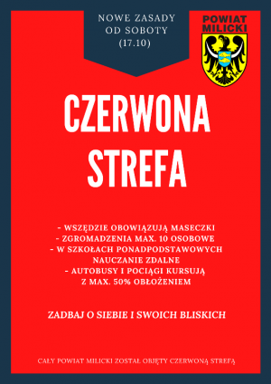 Plakat z logo Powiatu milickiego z hasłem czerwona strefa i wymienionymi najważniejszymi zasadami obowiązującymi w strefie czerwonej